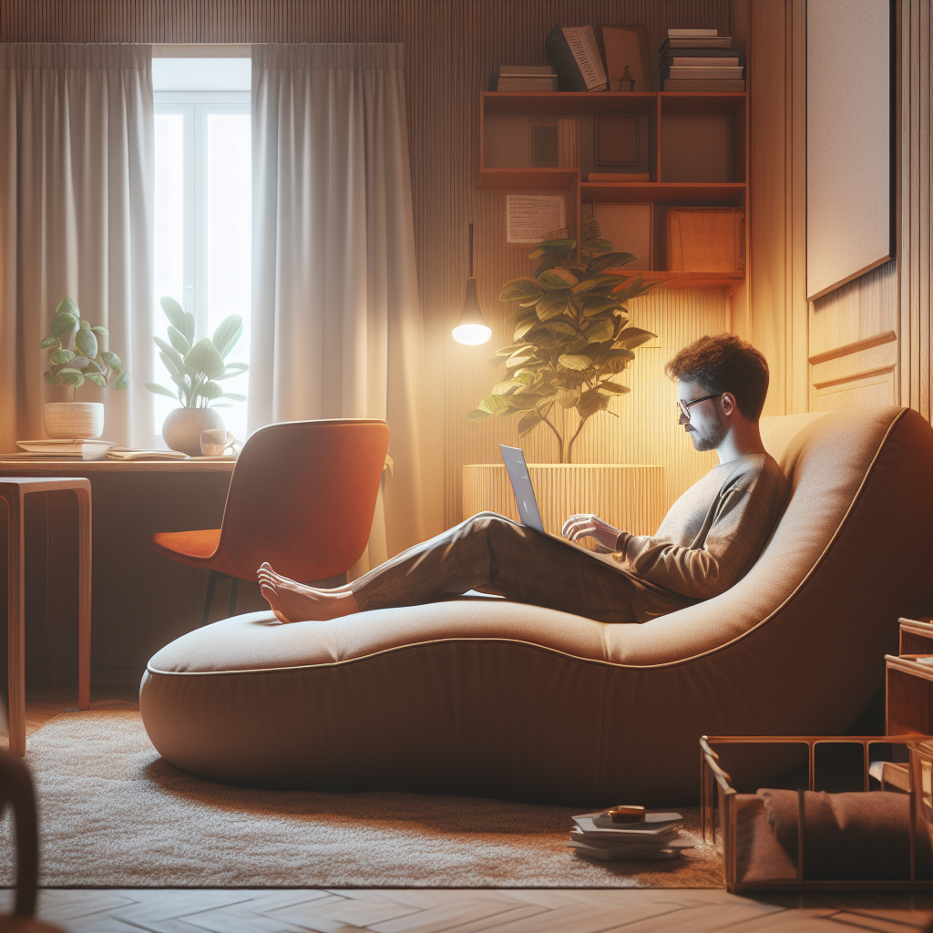 Homme en télétravail, depuis chez lui, sur son canapé. Illustration 3D photoréaliste générée par IA. 