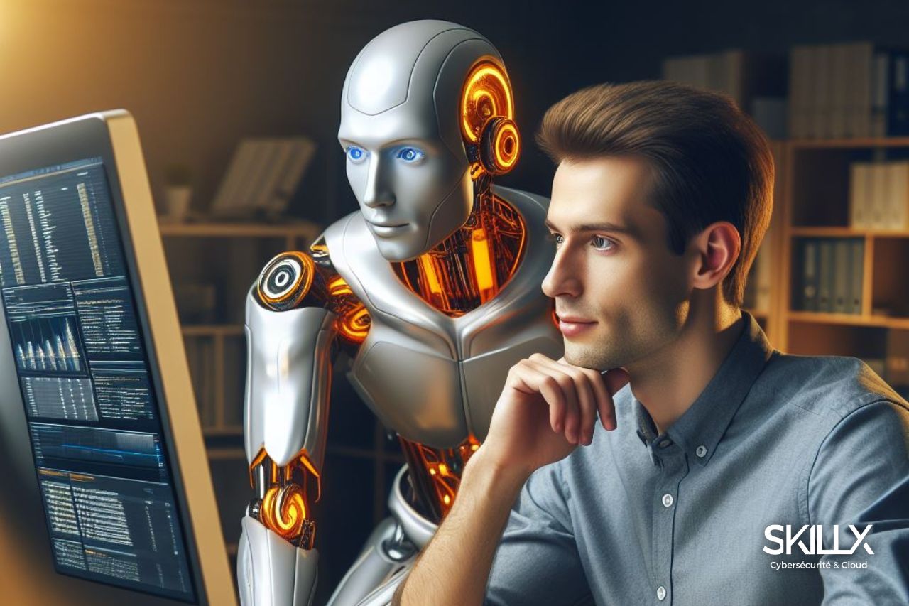 Illustration crée par IA, représentant un collaborateur travaillant sur ses logiciels, assisté par IA